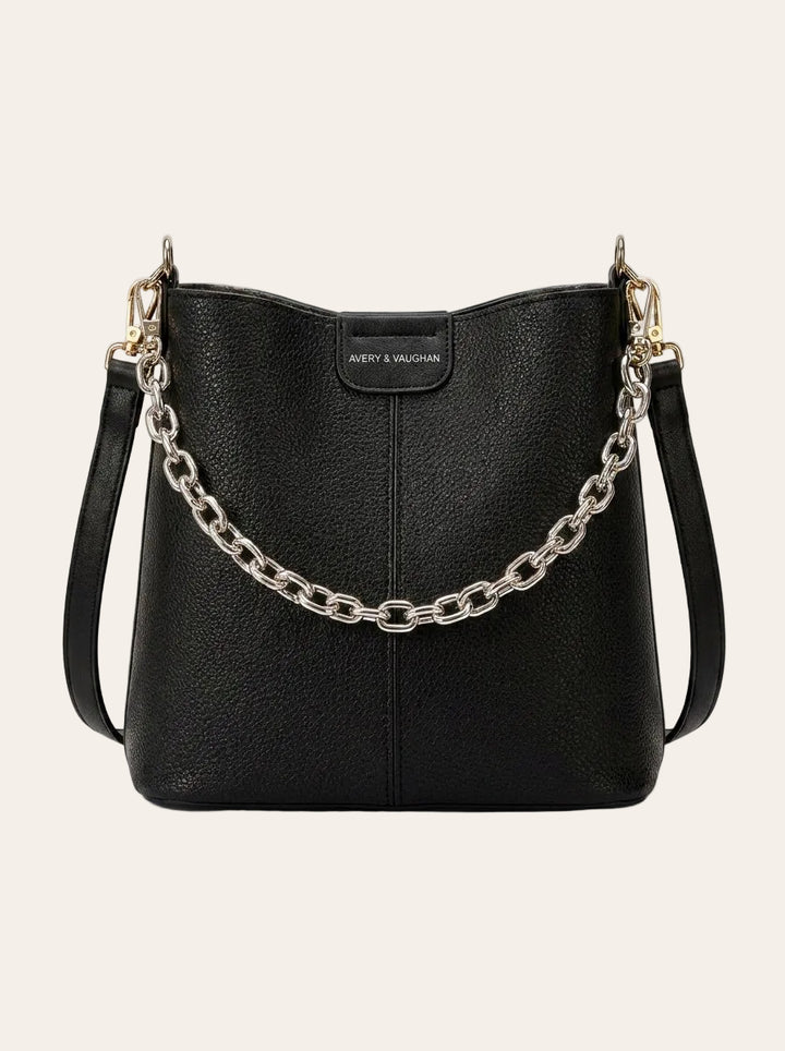 The Kensington Chain Bucket Bag – Black Pebbled Leather-Look Shoulder Bag – front view