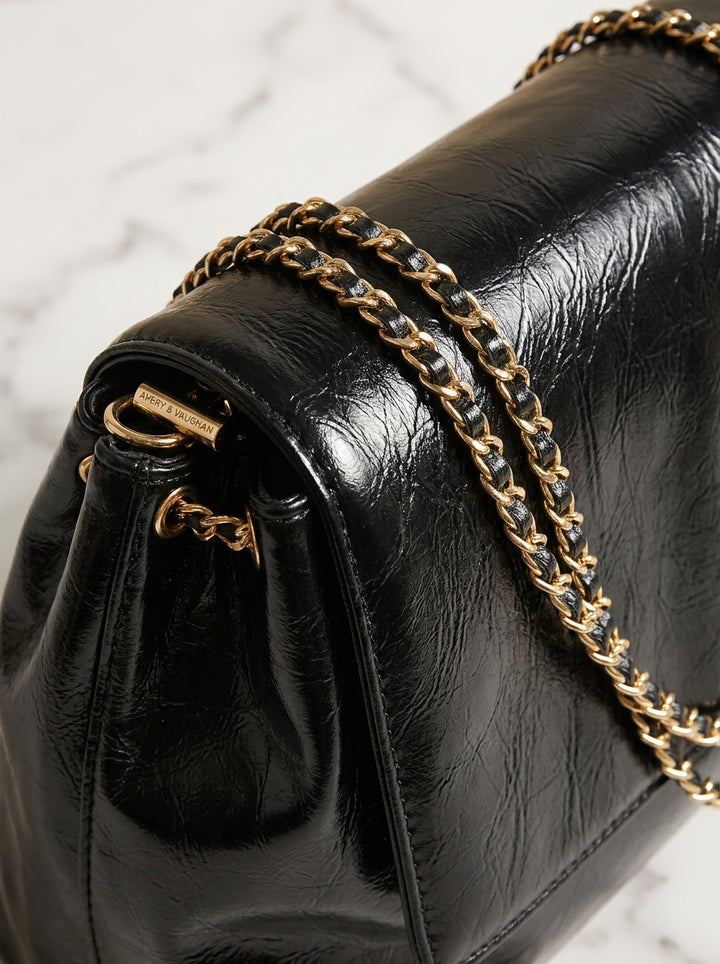 The Kensington Chain Shoulder Bag – Soft Black Everyday Handbag – detail & texture