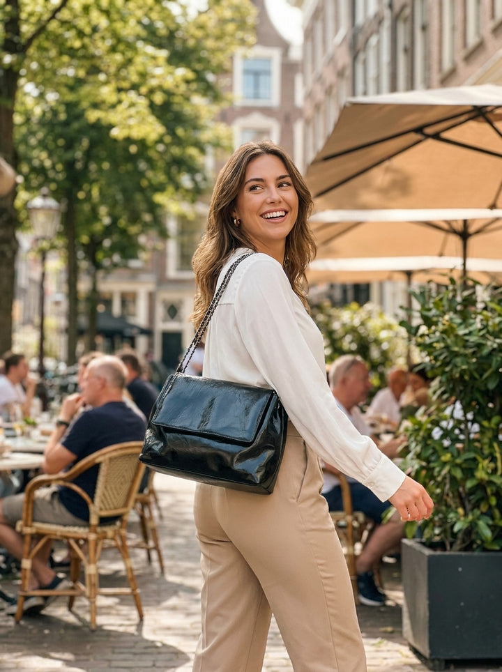 The Kensington Chain Shoulder Bag – Soft Black Everyday Handbag – lifestyle