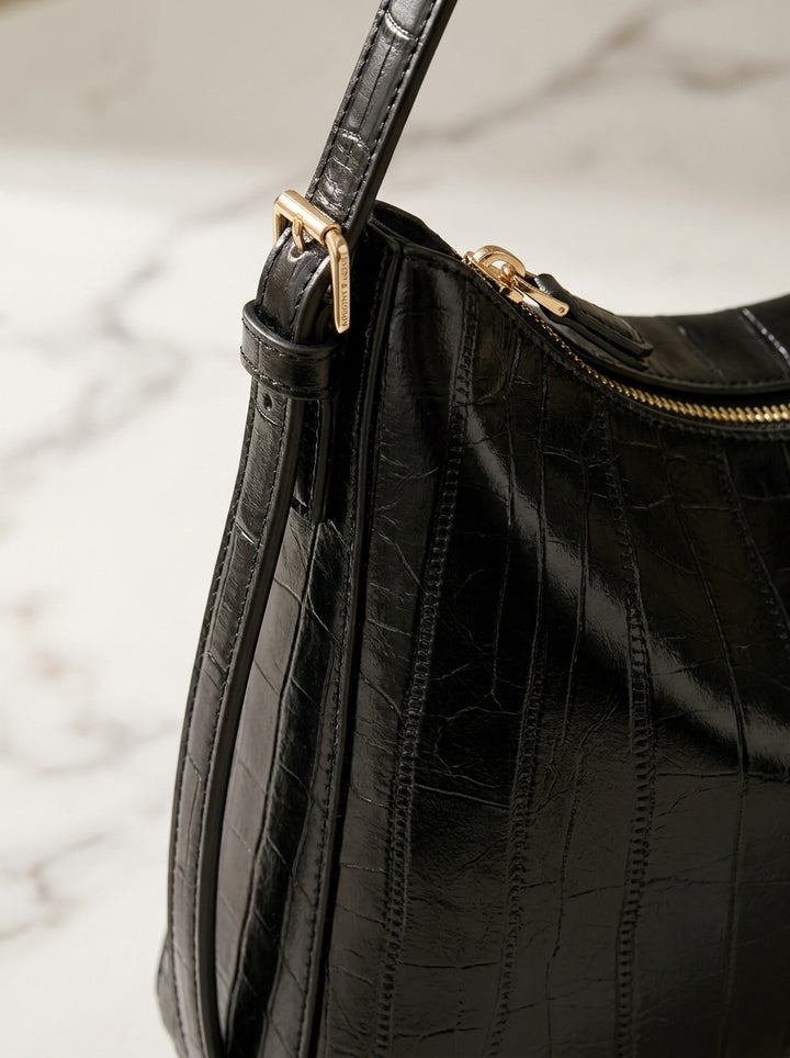 The Kensington Croc Shoulder Bag | Elegant Black Shoulder Handbag – detail & texture