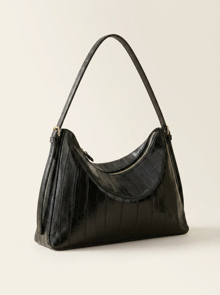 The Kensington Croc Shoulder Bag | Elegant Black Shoulder Handbag – 3/4 angle