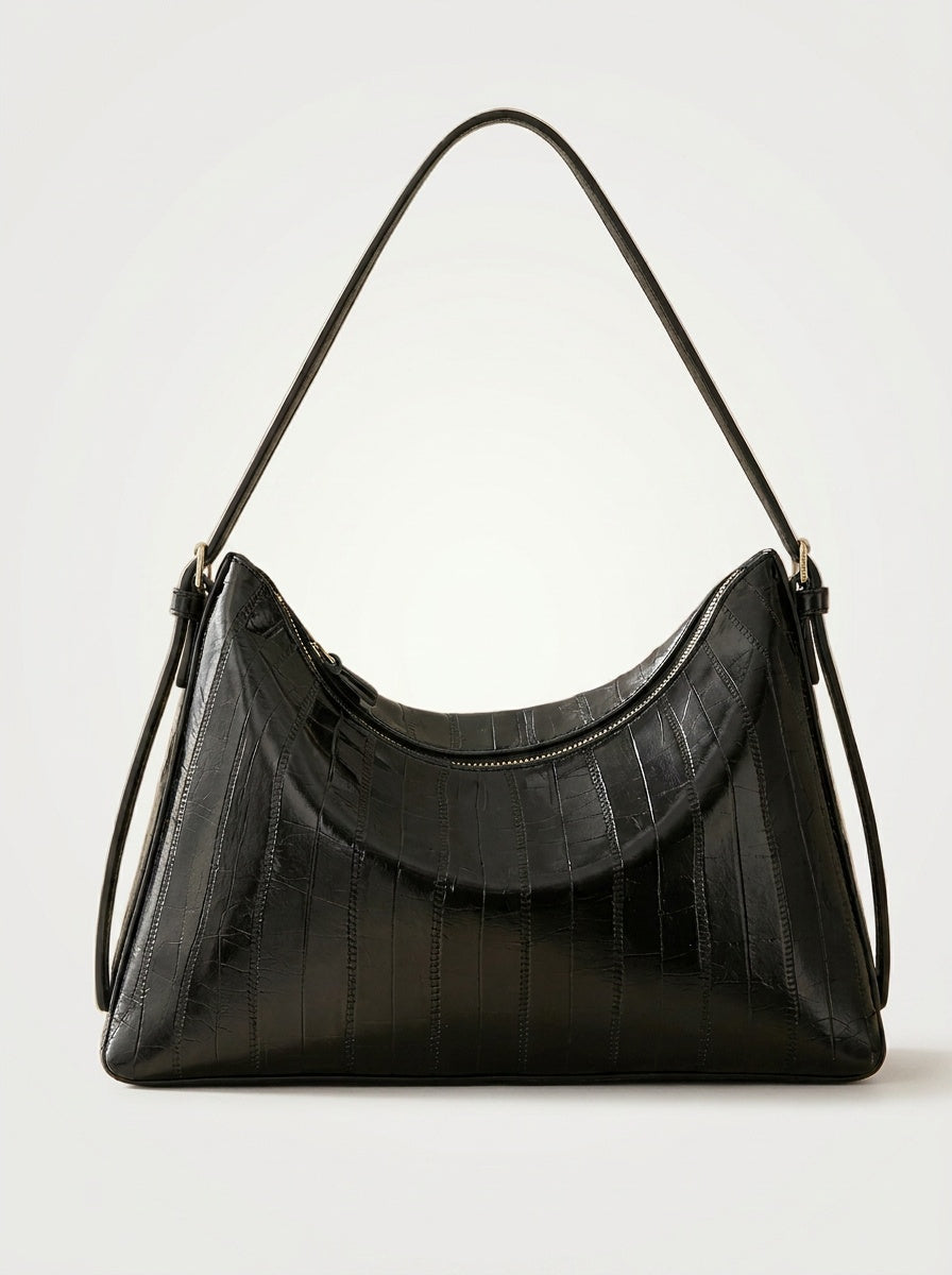 The Kensington Croc Shoulder Bag | Elegant Black Shoulder Handbag – front view