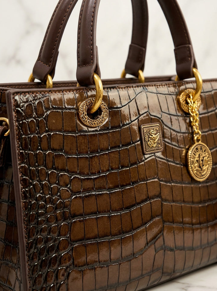 The Kensington Croc Tote – Structured Brown Top Handle Handbag – detail & texture