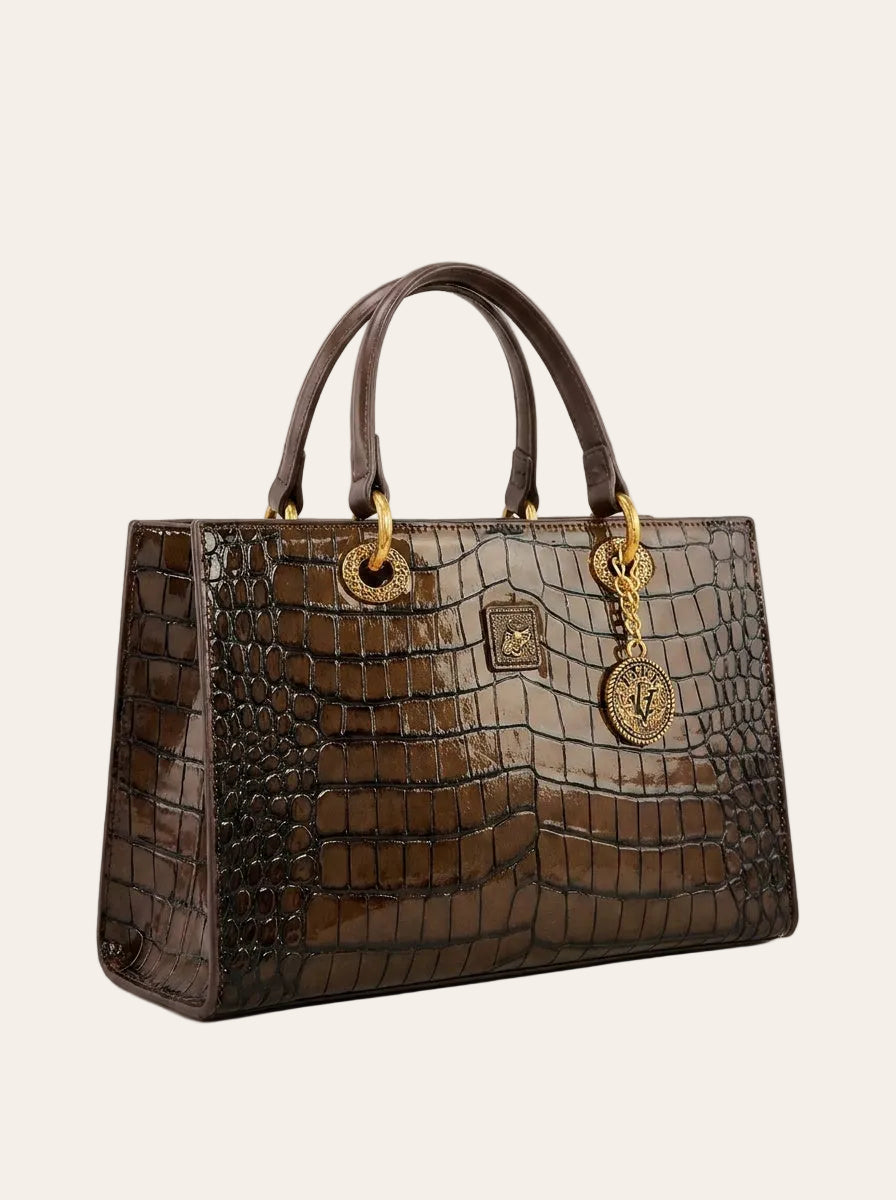 The Kensington Croc Tote – Structured Brown Top Handle Handbag – 3/4 angle