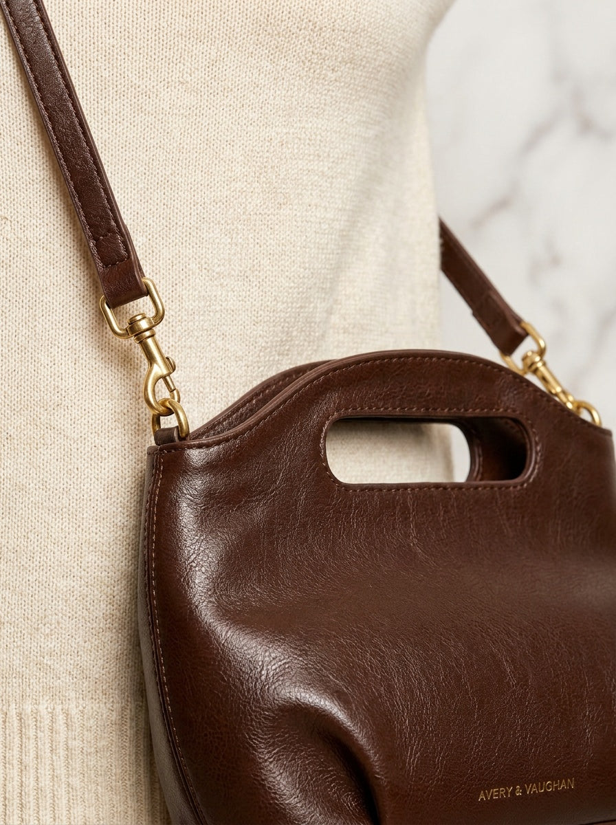 The Kensington Cut-Out Crossbody | Chocolate Brown – detail & texture