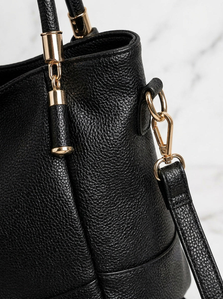 The Kensington Everyday Tote – Black Pebbled Shoulder Bag – detail & texture