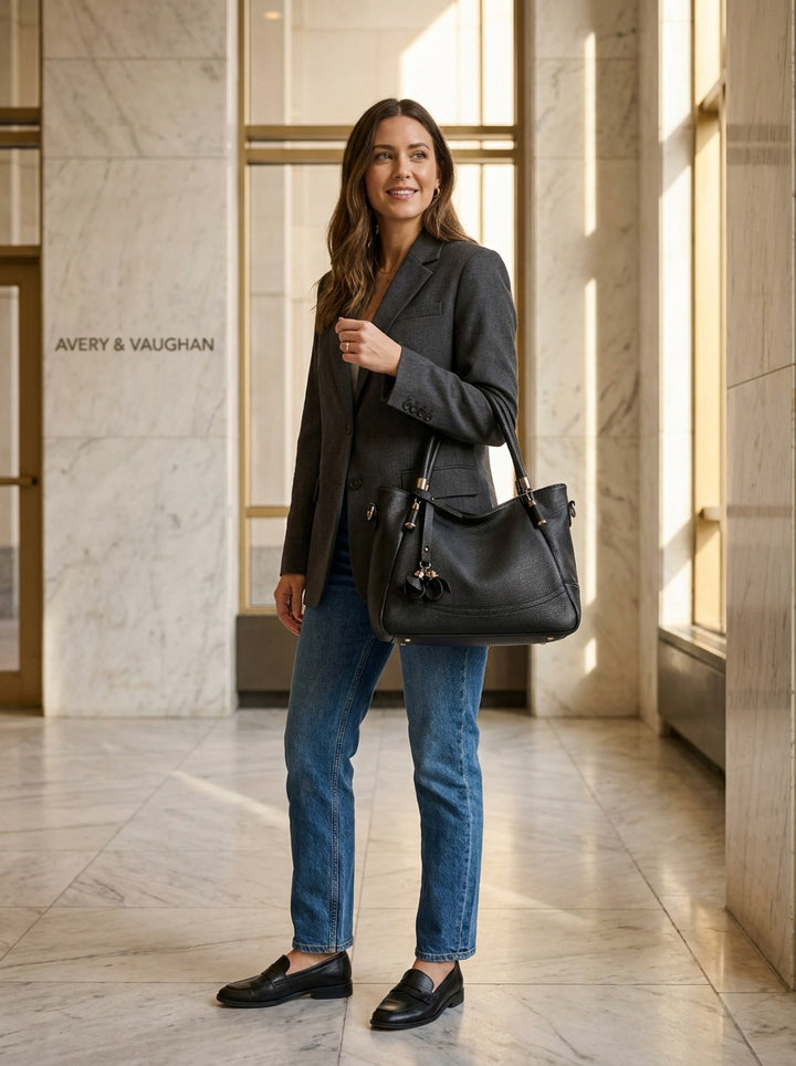 The Kensington Everyday Tote – Black Pebbled Shoulder Bag – lifestyle