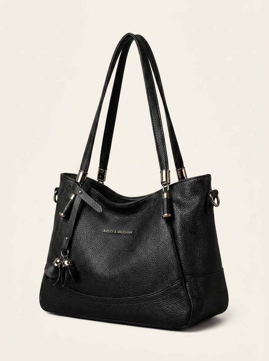 The Kensington Everyday Tote – Black Pebbled Shoulder Bag – 3/4 angle