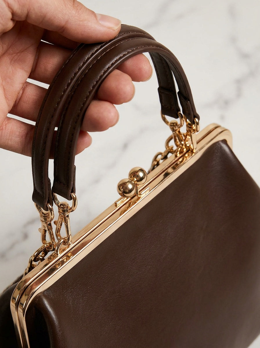 The Kensington Frame Bag | Structured Chocolate Brown Handbag – detail & texture