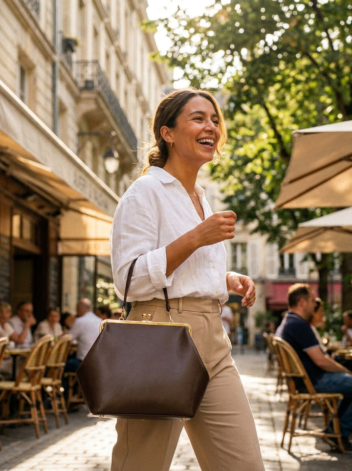 The Kensington Frame Bag | Structured Chocolate Brown Handbag – lifestyle