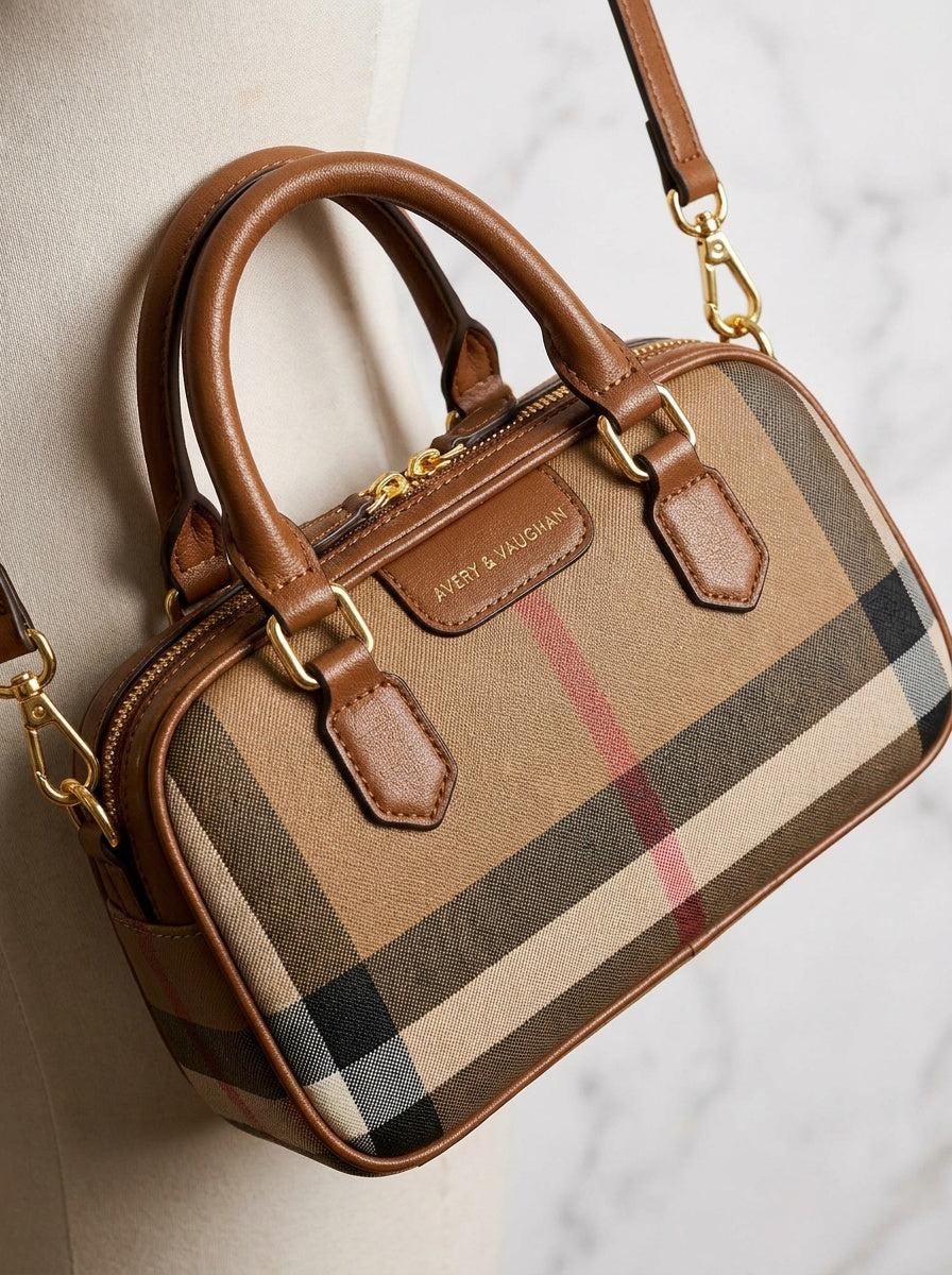 The Kensington Mini Barrel Bag – Heritage Plaid Crossbody Handbag – detail & texture
