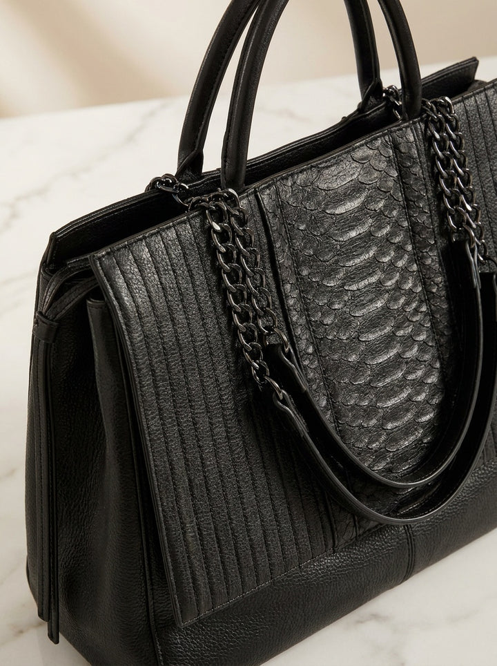 The Kensington Textured Tote – Elegant Black Structured Work Bag – detail & texture