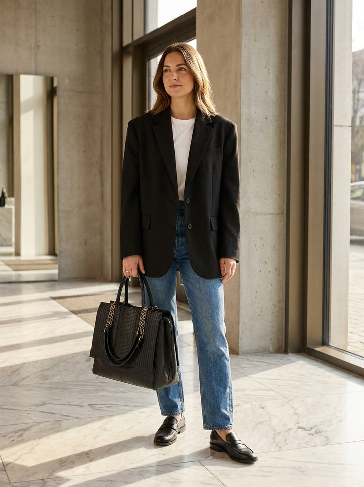 The Kensington Textured Tote – Elegant Black Structured Work Bag – lifestyle