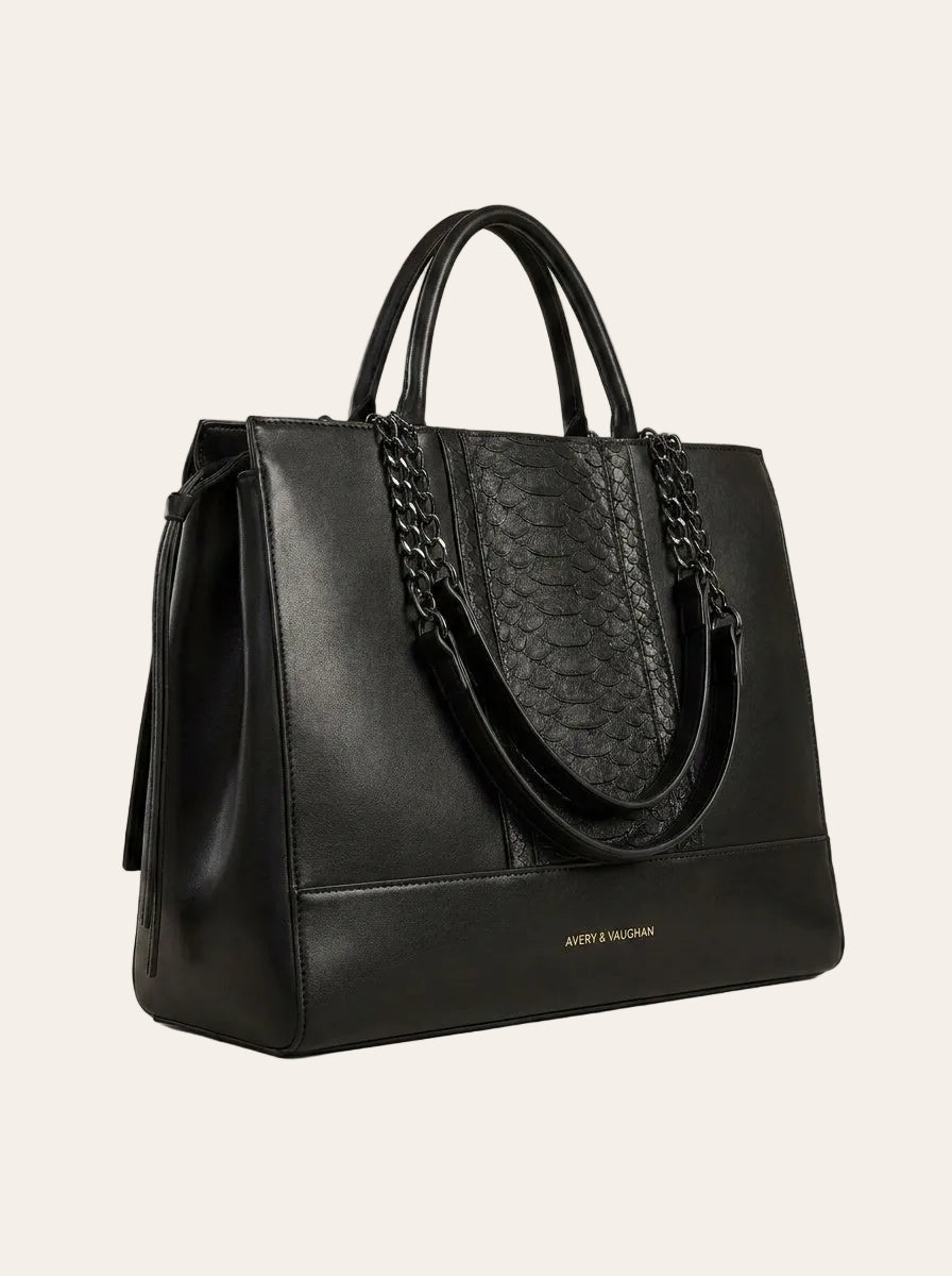 The Kensington Textured Tote – Elegant Black Structured Work Bag – 3/4 angle