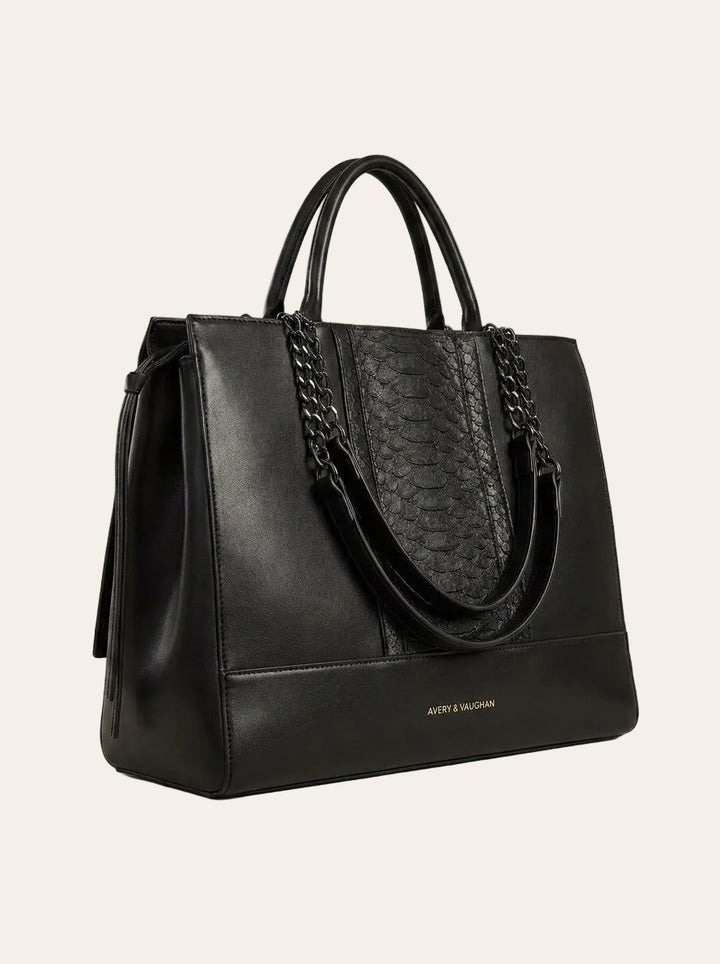 The Kensington Textured Tote – Elegant Black Structured Work Bag – 3/4 angle