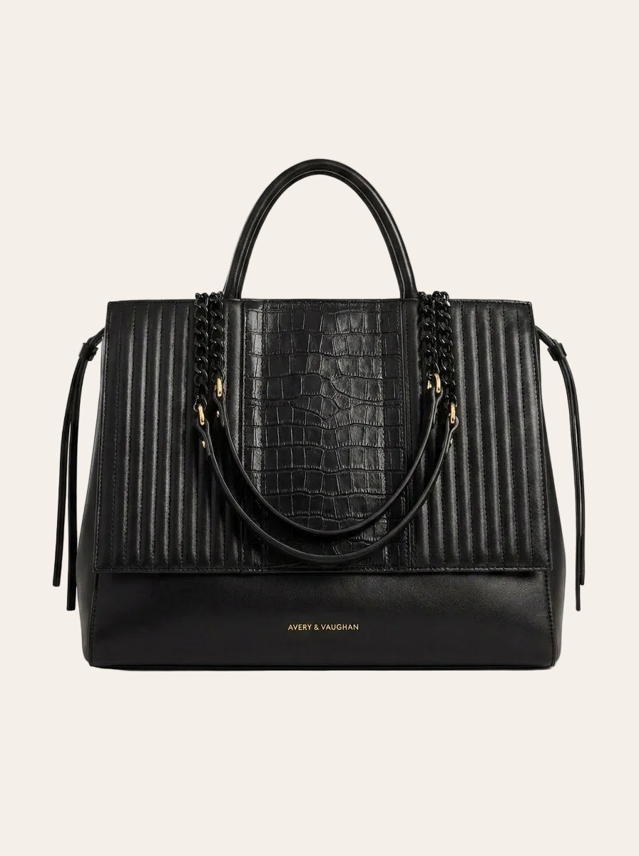 The Kensington Textured Tote – Elegant Black Structured Work Bag – front view