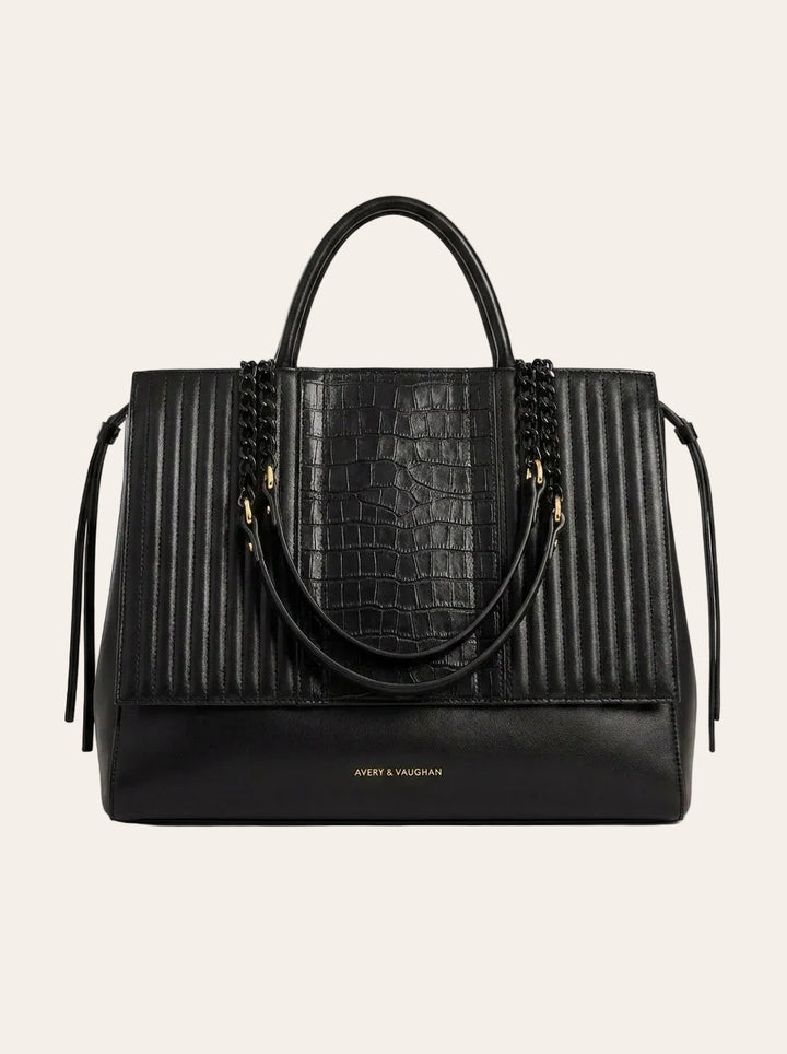 The Kensington Textured Tote – Elegant Black Structured Work Bag – front view