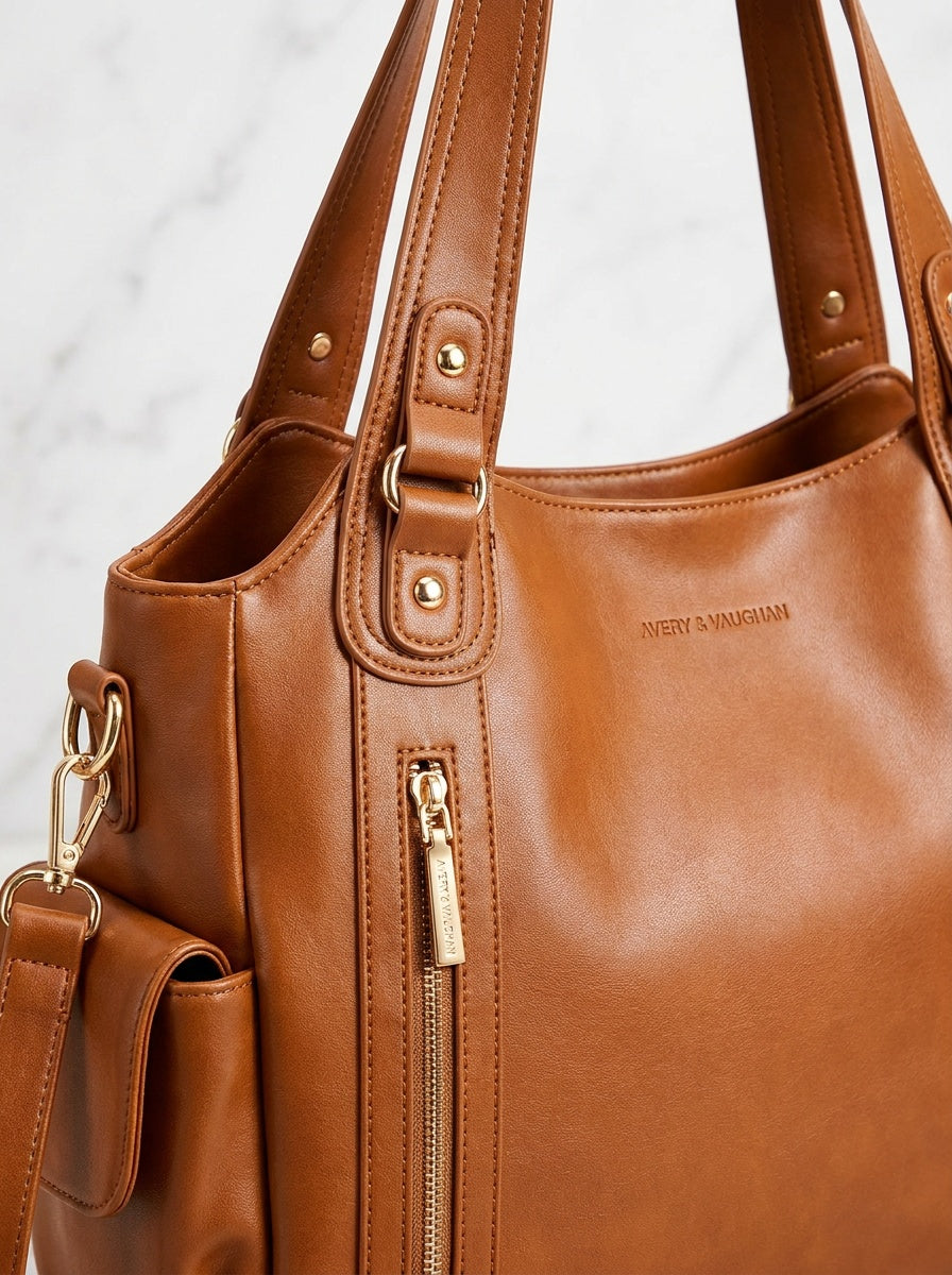 The Kensington Utility Tote – Cognac Brown Everyday Shoulder Bag – detail & texture