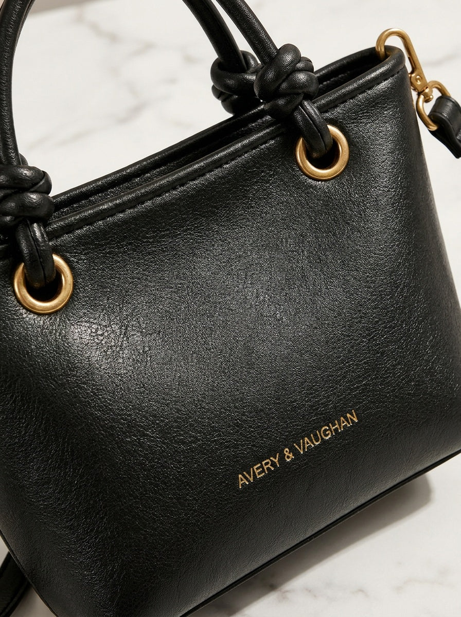 The Mayfair Mini Tote | Elegant Black Structured Handbag – detail & texture