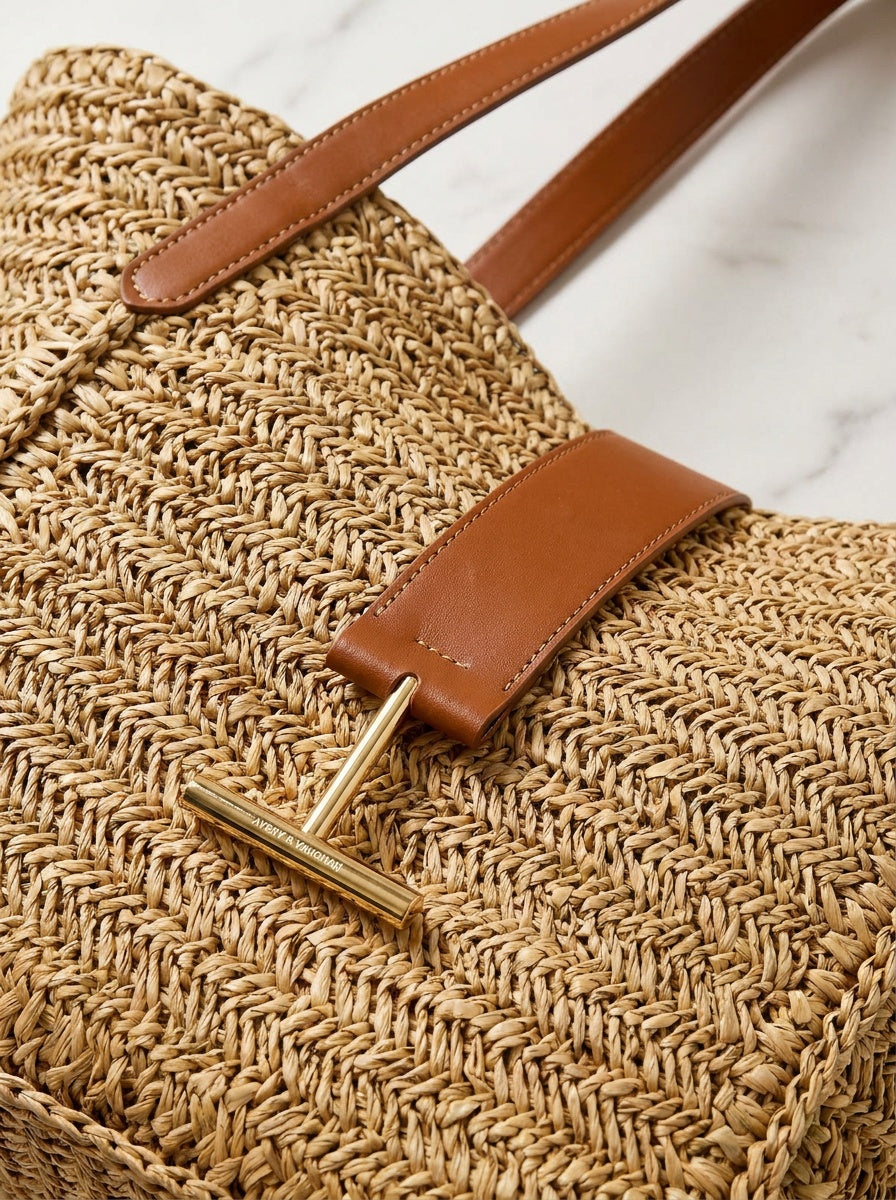 The Riviera Woven Tote – Natural Straw Tote with Tan Leather Trim – detail & texture