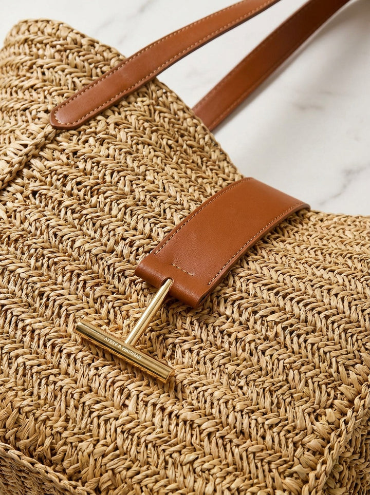 The Riviera Woven Tote – Natural Straw Tote with Tan Leather Trim – detail & texture