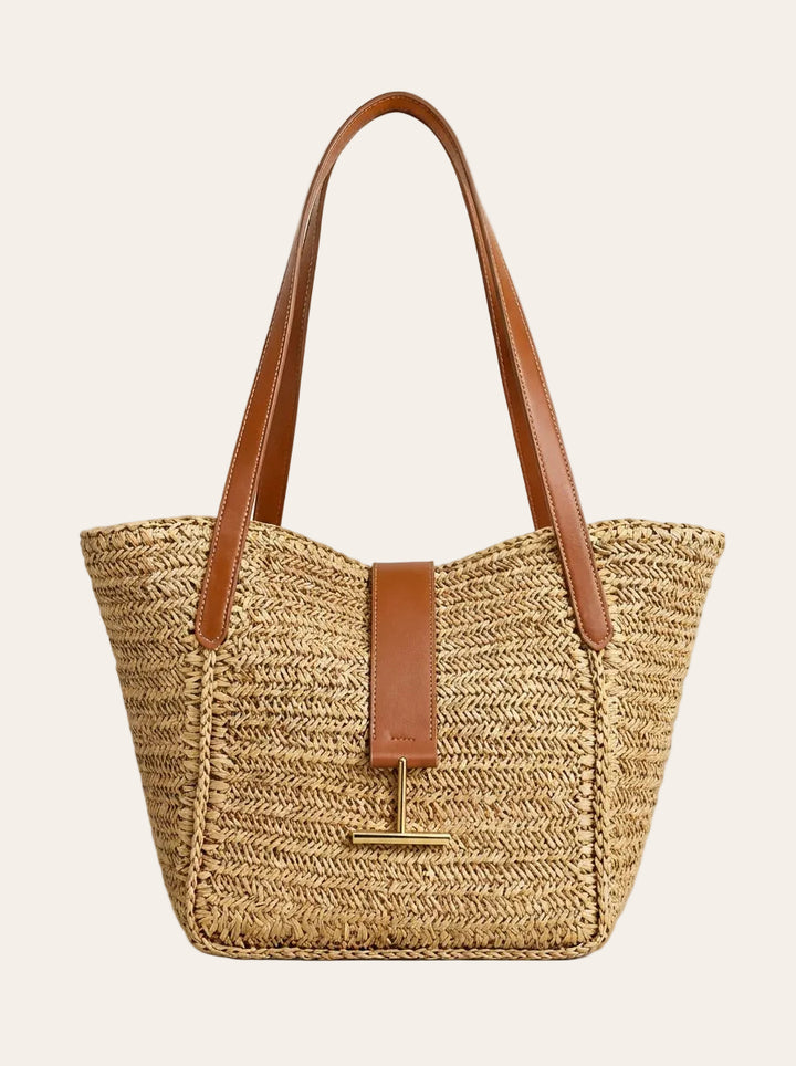 The Riviera Woven Tote – Natural Straw Tote with Tan Leather Trim – front view