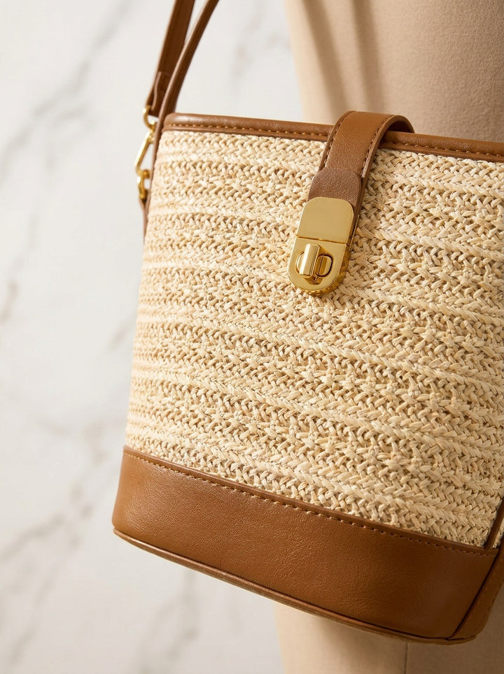 The Siena Woven Bucket Bag | Straw Crossbody Handbag – detail & texture