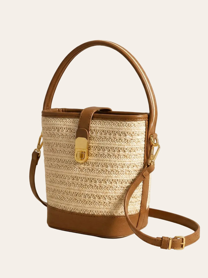 The Siena Woven Bucket Bag | Straw Crossbody Handbag – 3/4 angle