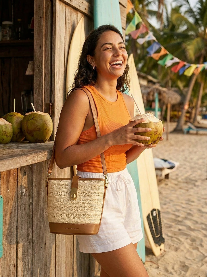 The Siena Woven Bucket Bag | Straw Crossbody Handbag