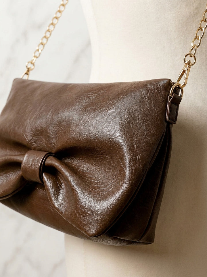 The Sienna Bow Clutch | Soft Brown Evening & Crossbody Bag – detail & texture